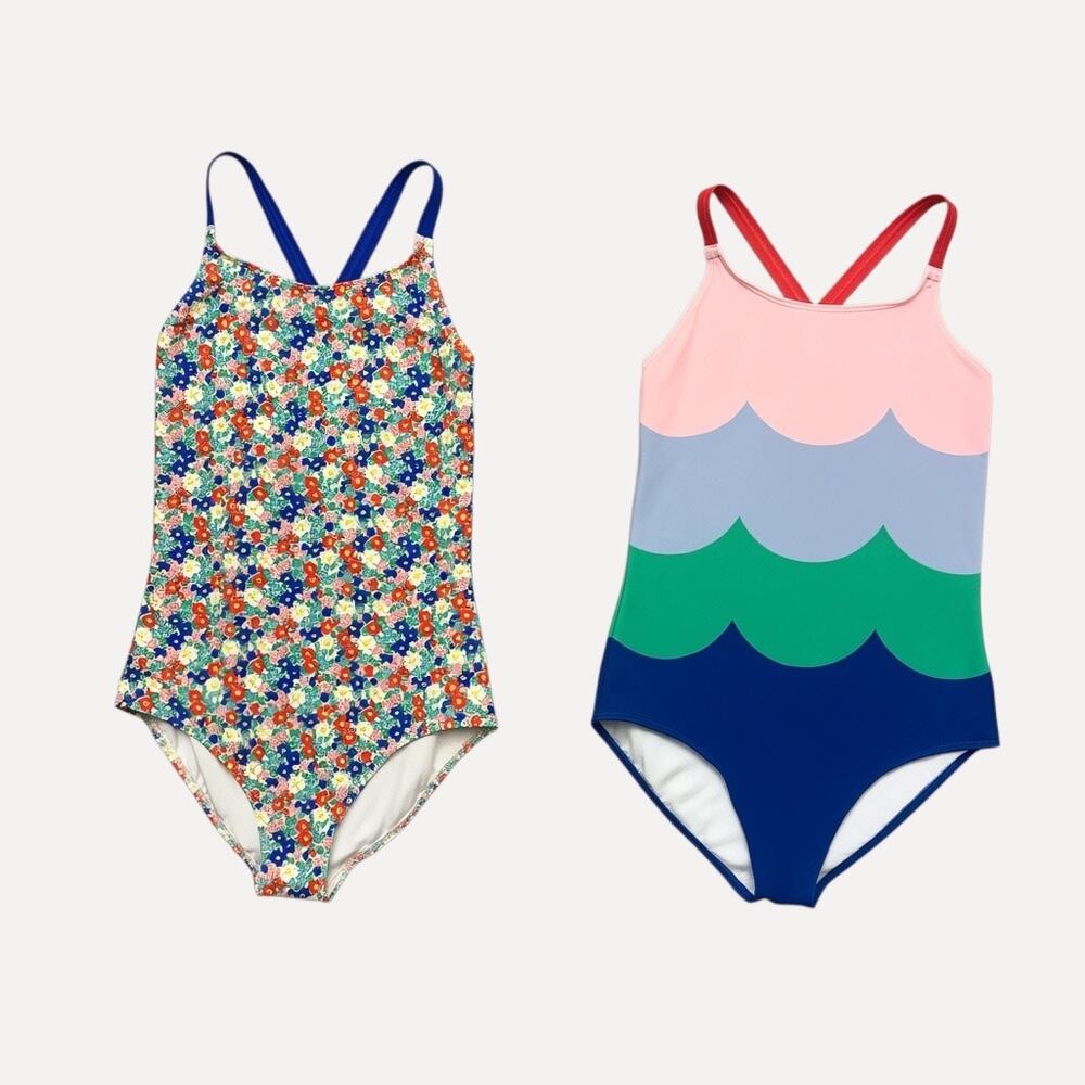 Mini Boden Swimsuits (2) Girls One Piece Swimwear Floral Colorblock Size 13-14Y